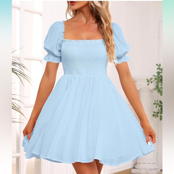 Holipick Square Neck Smocked Top A-line Dress with Puff Sleeves - Picture 1 of 11